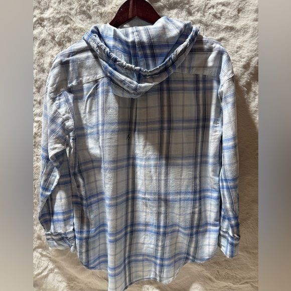 Aerie Blouse Women’s oversized SP Blue Plaid Hooded Button Front Long Sleeves - Picture 5 of 12